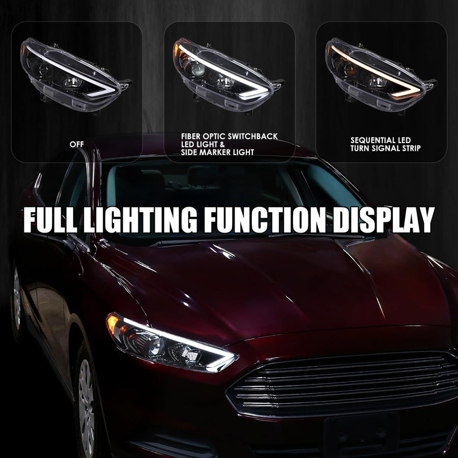 Jet Black SPEC-D TUNING Projector Headlights w/Sequential Switchback LED Tube Signal Compatible with 2013-2016 Ford Fusion, Left + Right Pair Headlamp Assembly