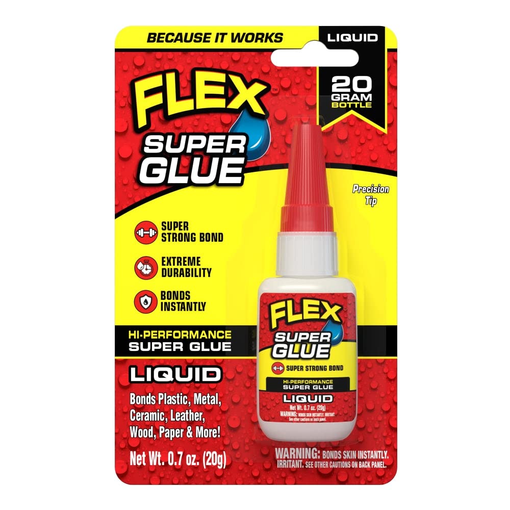 Flex Liquid Super Glue, 20 Gram Bottle, 1-Pack, Clear, Instant Bond, Quick Dry, Cyanoacrylate Adhesive, Precision Tip for Wood, Metal, Plastic, Crafts, Ceramic, and Toy Repairs