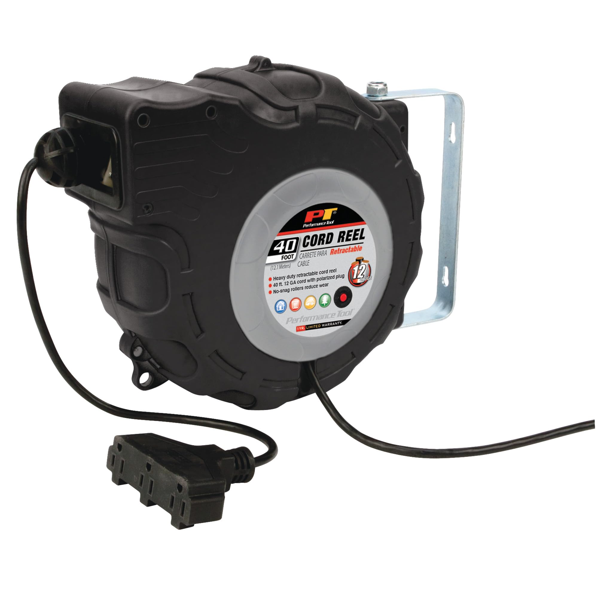 40ft Performance Tool W2278 12-Gauge Retractable Power Cord Reel with Spring Loaded Auto-Rewind