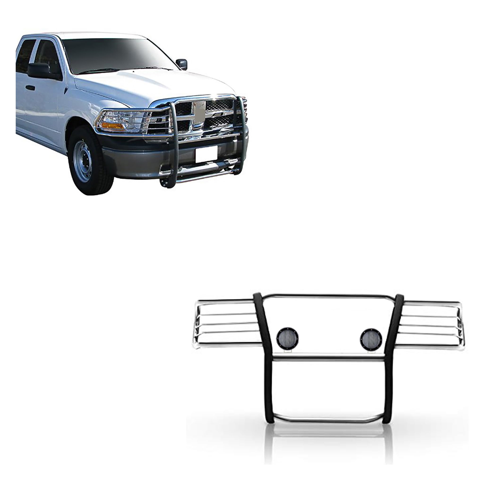 Bumper Guard Modular Black Horse Grille brush Stainless Steel Come with Pair of 5.3"LED Lights with Black Trim Rings Compatible with 2009-2018 Dodge Ram 1500|2019-2024 Ram 1500 Classic-17DG109MSS-PLFB