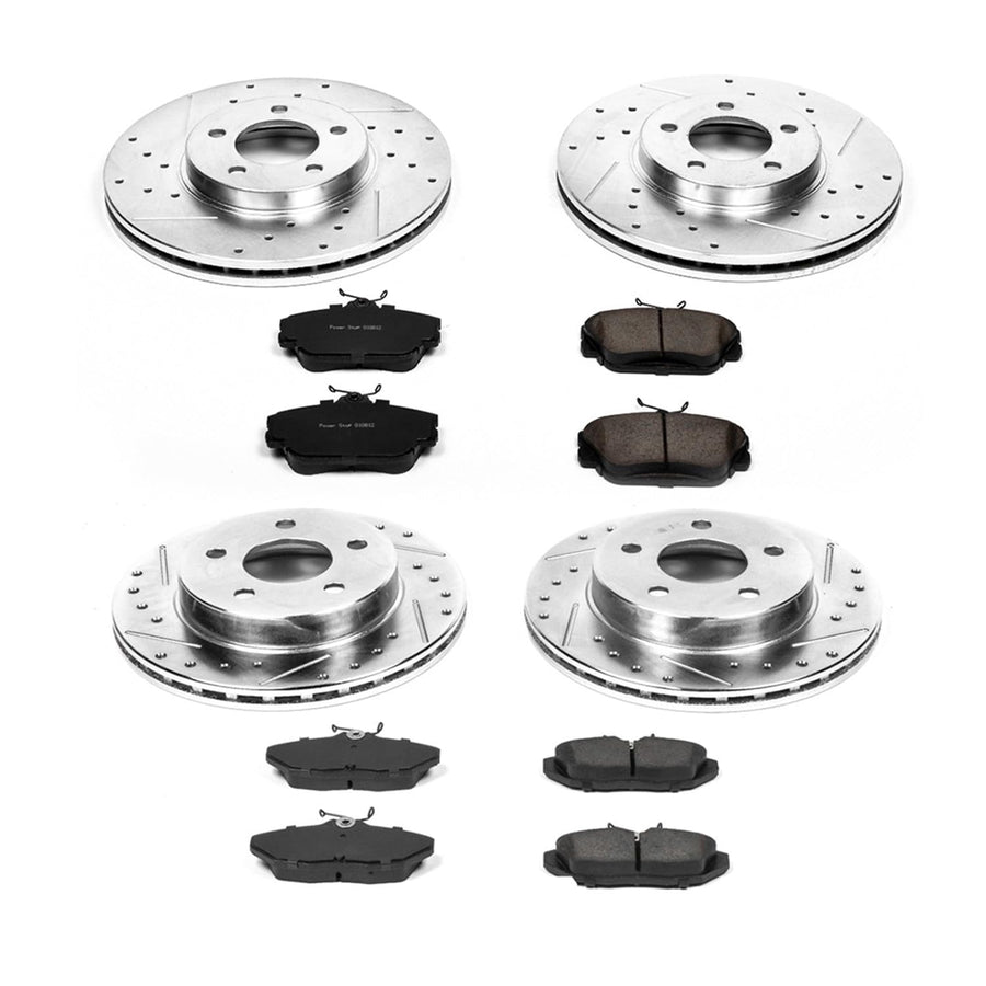 Power Stop K1319 Z23 Carbon Fiber Brake Pads Front and Rear with Drilled & Slotted Brake Rotors Kit For Ford Thunderbird, Lincoln Mark VIII, Mercury Cougar [Model Specific]