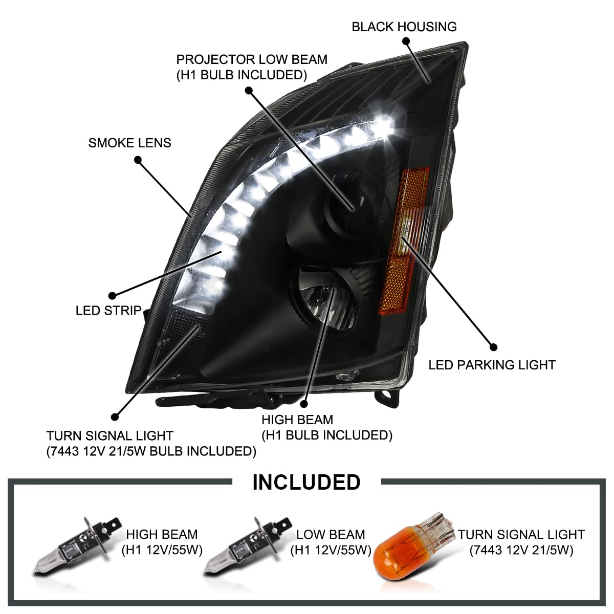 Black Smoke SPEC-D TUNING SMD LED Projector Headlights Compatible with 2008-2013 Cadillac CTS, Left + Right Pair Headlamps Assembly