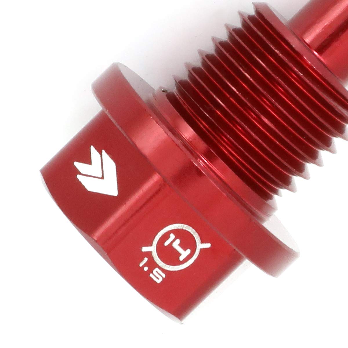 Magnetic Oil Drain Plug NRG Innovations, M14 X 1.5 Thread Size Engine Oil Drain Nut w/Washer, Red, T-6061 Aluminum w/Stainless Steel Internal Magnet, NRG-NOP-100RD