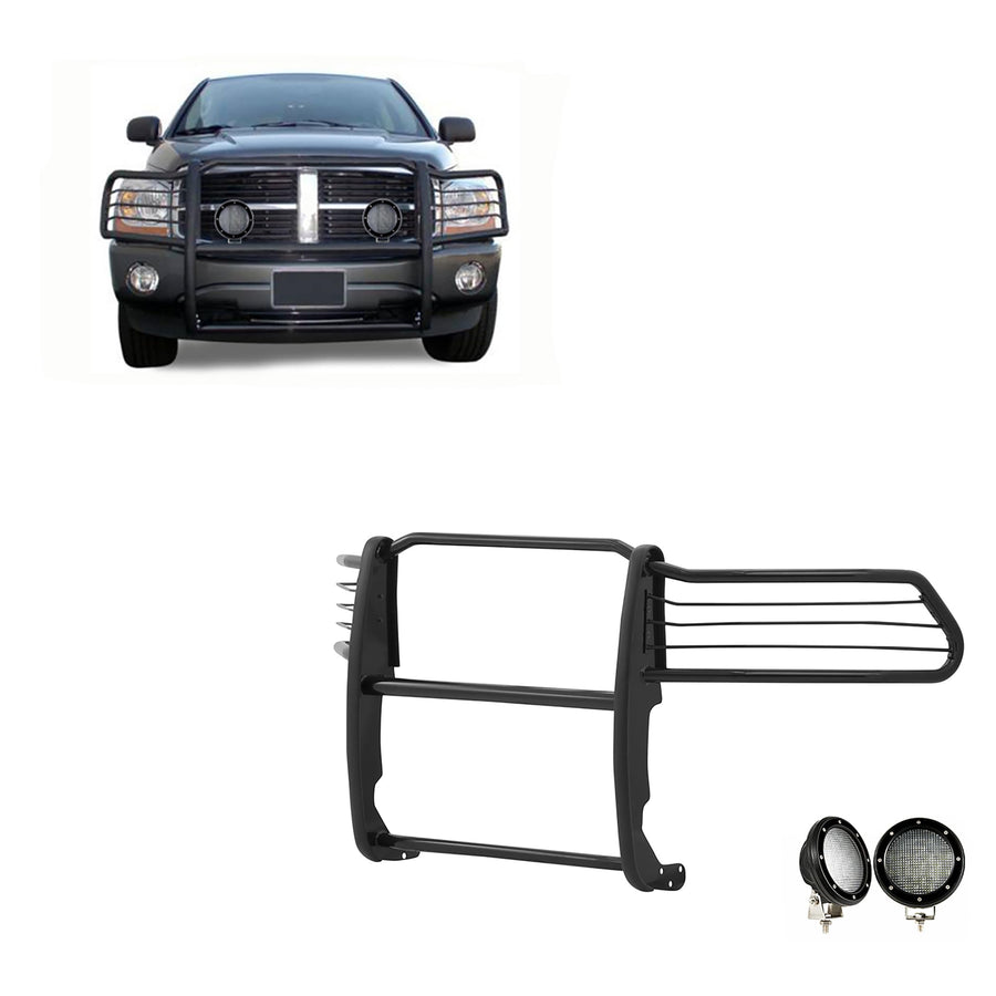 Bumper Guard Black Horse Grille Brush Modular Black Come with Pair of 5.3" LED Lights with Black Trim Rings Compatible with 1994-2001 Dodge Ram 1500|1994-2002 Dodge Ram 2500/3500-17DG100MA-PLFB