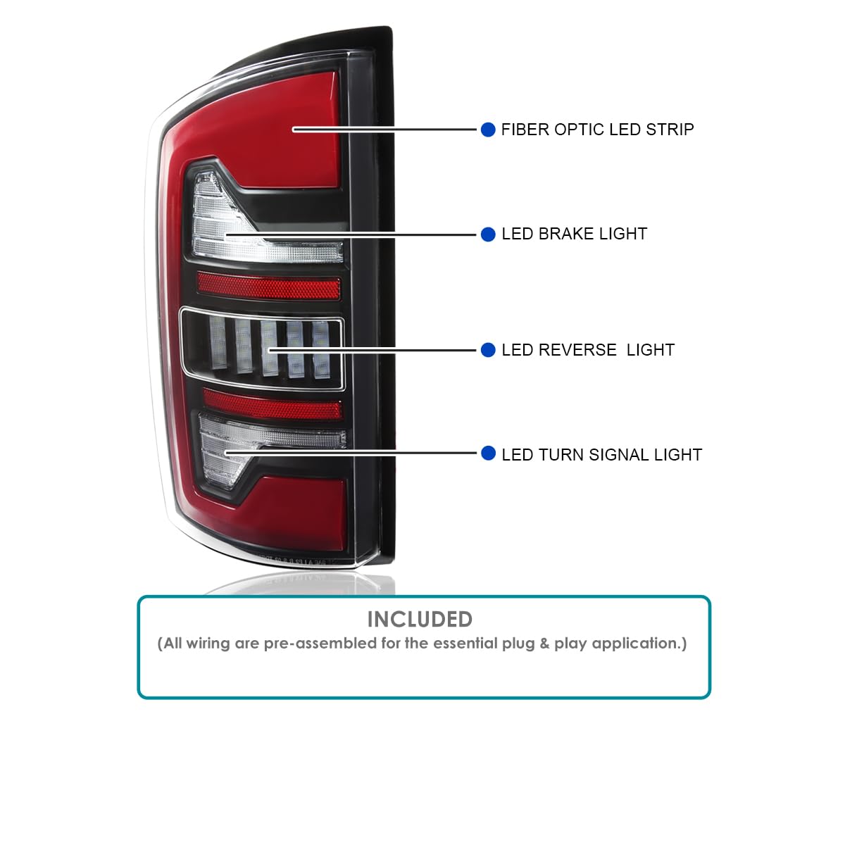 Black Tail Lights w/Red LED SPEC-D TUNING Compatible with 2002-2006 Dodge Ram 1500/2500 / 3500, Left + Right Pair Assembly