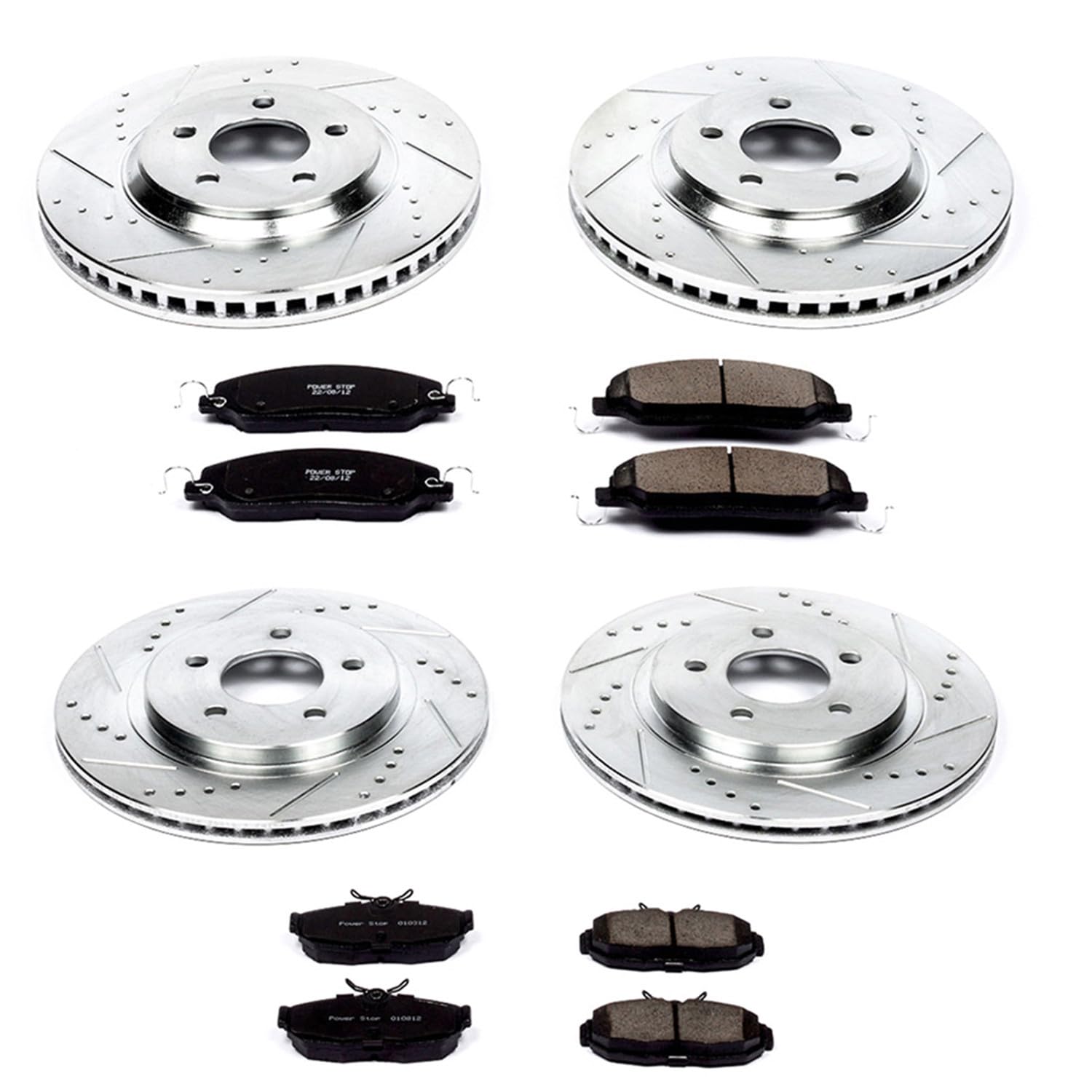 Power Stop K1381 Z23 Carbon Fiber Brake Pads Front and Rear with Drilled & Slotted Brake Rotors Kit For Ford Mustang 2005-2010 [Model Specific]