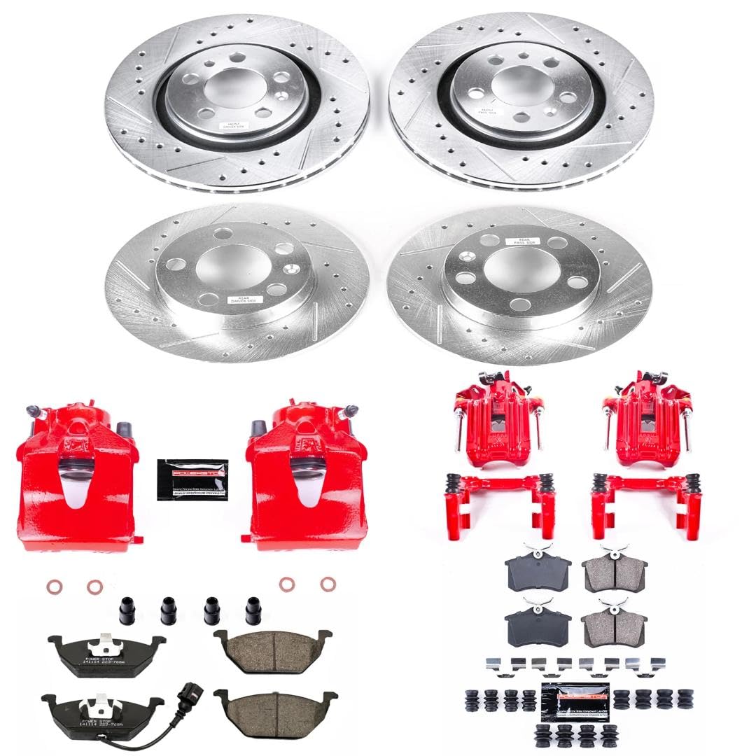Power Stop Evolution Sport KC840B Front and Rear Caliper Kit-Drilled/Slotted Rotors, Carbon Ceramic Brake Pads, Calipers For Volkswagen Jetta 2001-2005 [Model Specific]