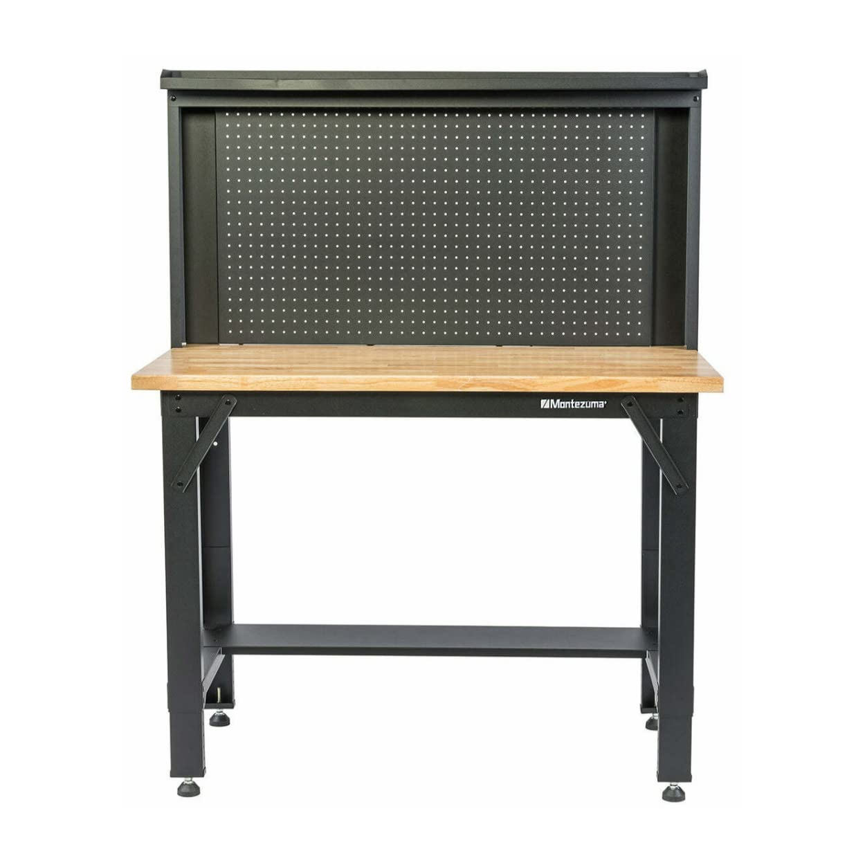4' Adjustable Montezuma Steel and Solid Wood Workbench Station with Pegboard and Shelf Storage