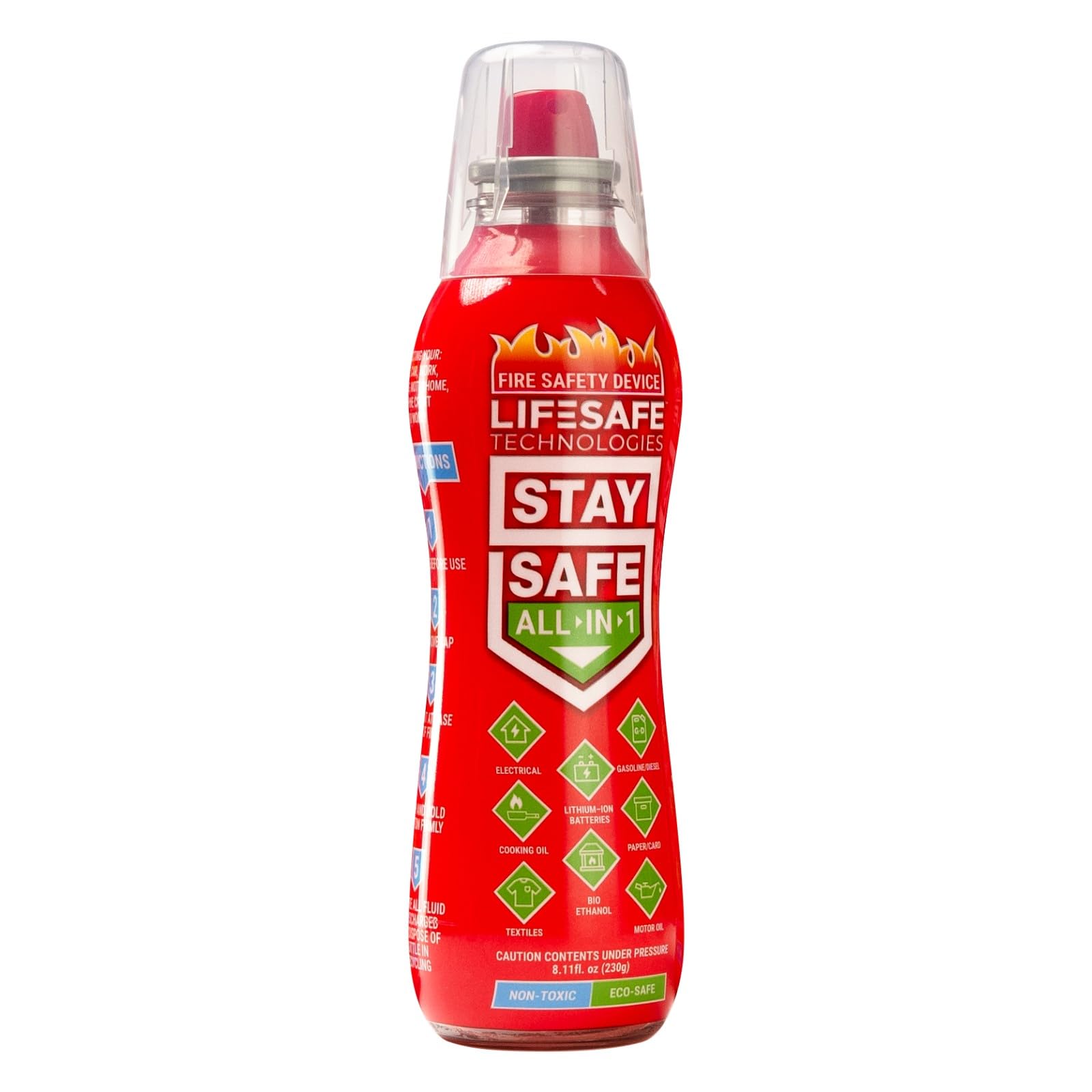 StaySafe LifeSafe Technologies All-in-1 Portable Fire Extinguisher, Compact Fire Spray Easy to use on 10 Types of Fires, Non-Toxic & Eco-Friendly