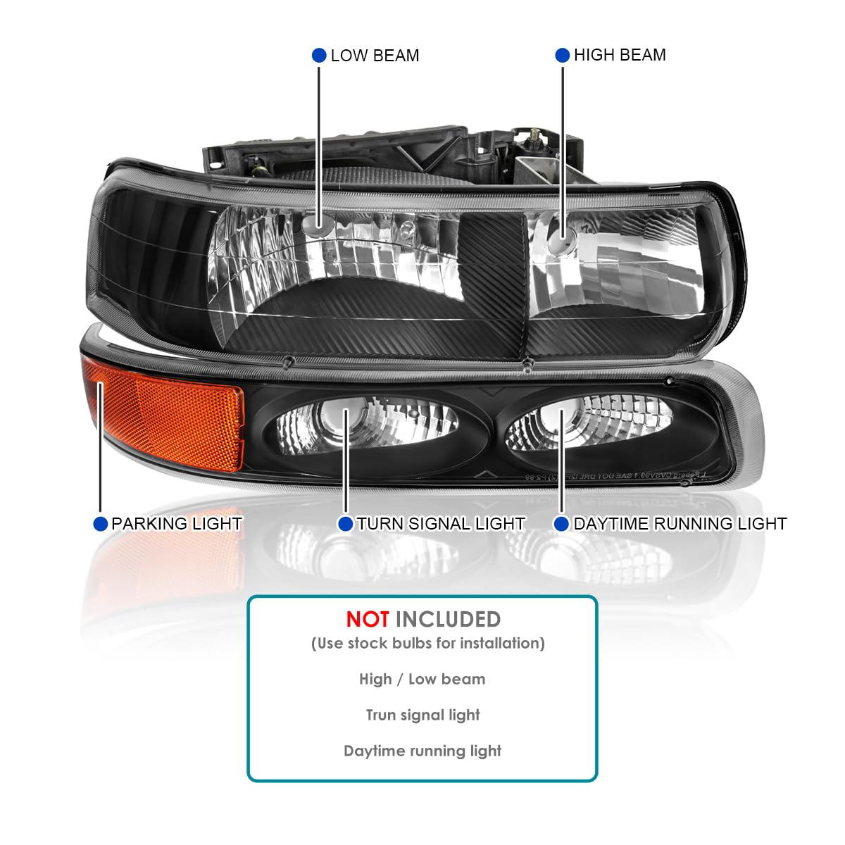 Black Headlights + Bumper Lights SPEC-D TUNING Compatible with 1999-2002 Chevy Silverado 2000-2006 Tahoe Suburban, Left + Right Pair Headlamps Assembly
