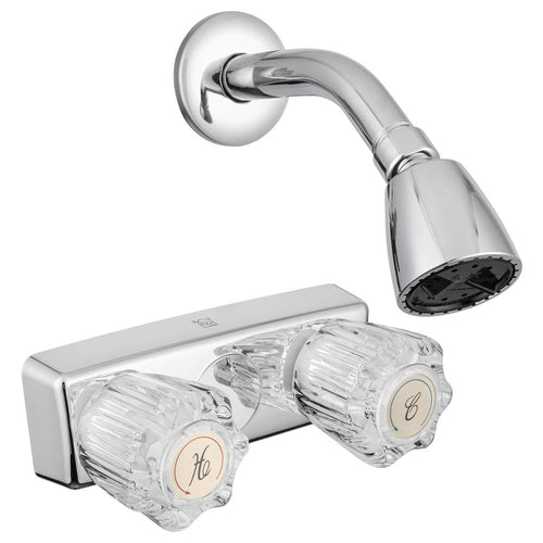 Dura Faucet Wall Mounted Economical Shower Faucet and Shower Head with Arm Trim Kit, Crystal Acrylic Knobs (Chrome Polished)