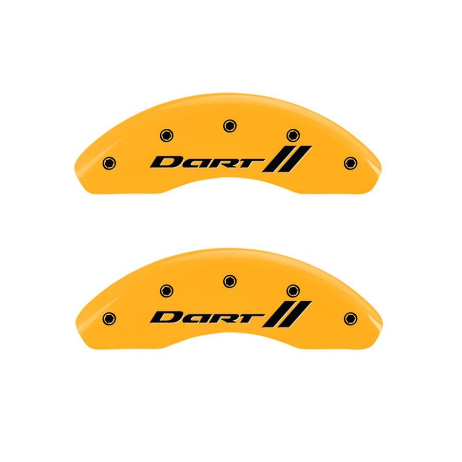 Caliper Covers MGP 12199SDRTYL Yellow (Set of 4, Engraved Front and Rear: With stripes/Dart, Yellow powder coat finish, black characters)