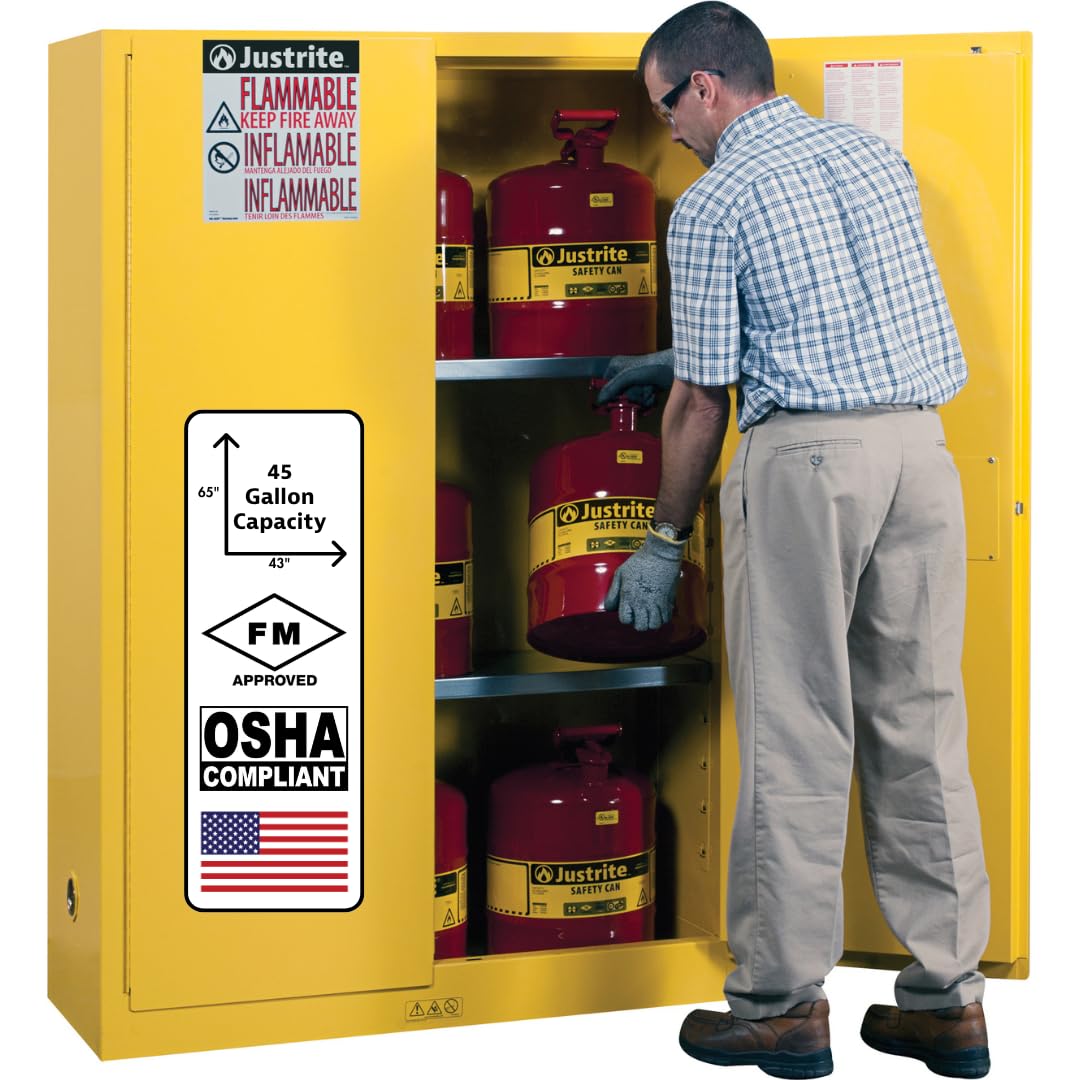 Justrite 45 Gallon Flammable Storage Cabinet Manual Close, 18 Gauge Steel, 2 Shelves, 2 Door Fire Cabinet, 65" x 43" x 18", Made in The USA, Yellow, 894500
