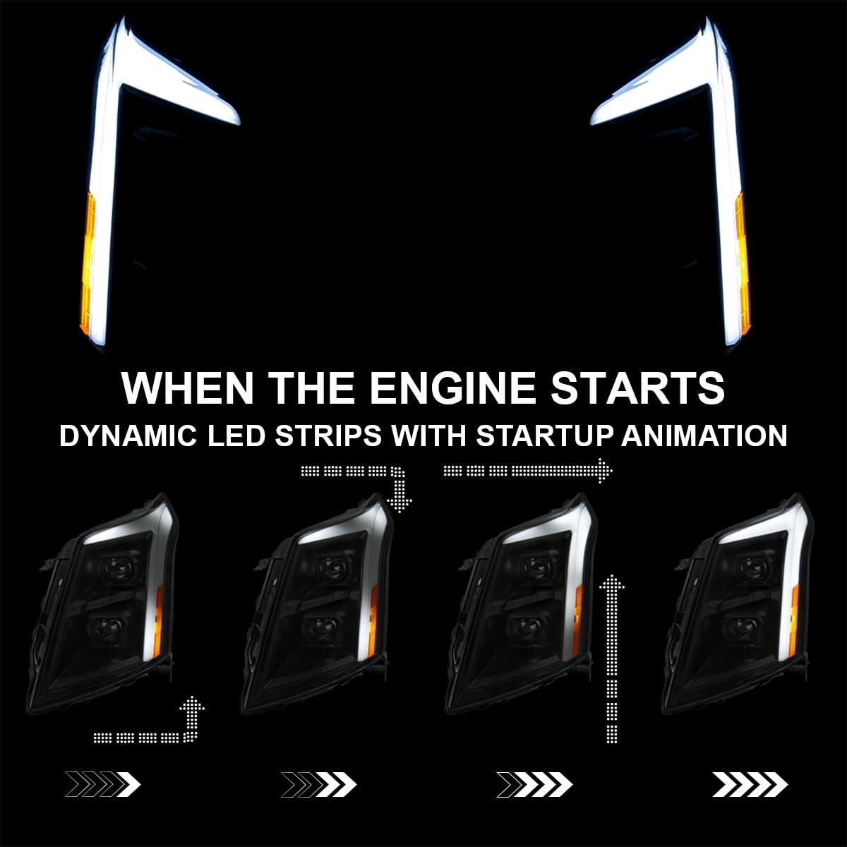Black Smoke SPEC-D TUNING Full LED Projector Headlights w/LED DRL Light Bar, Sequential Signal, and Startup Animation Compatible with 2010-2016 Cadillac SRX, Left + Right Pair Headlamps Assembly
