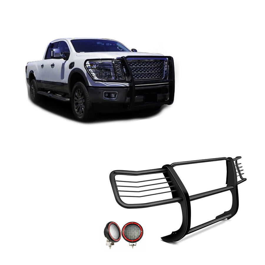 Bumper Guard Modular Black Black Horse Grille brush Come With Pair of 5.3" Dia.LED Lights with Red Trim Rings Compatible with 2016-2024 Nissan Titan XD-17NR28MA-PLFR