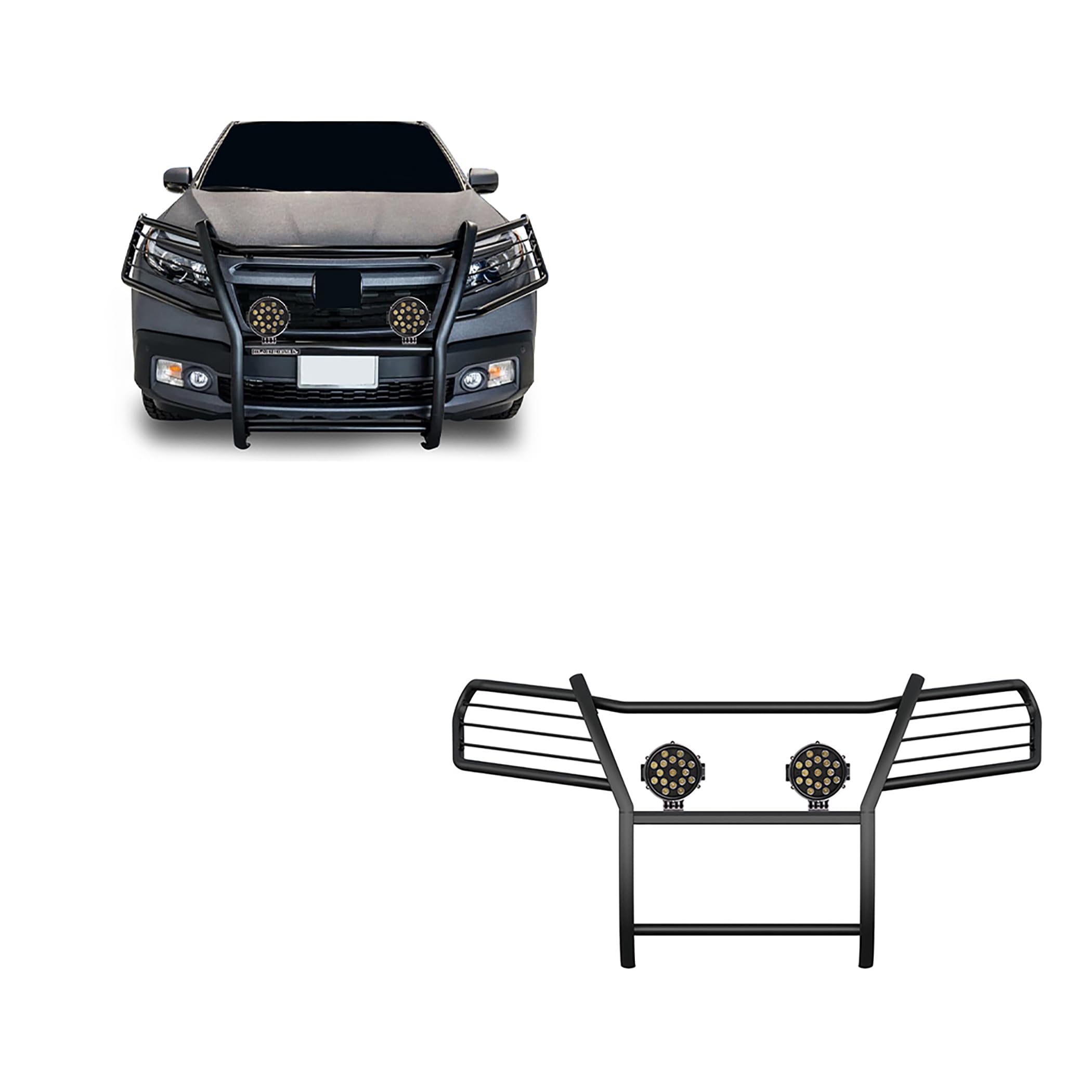 Bumper Guard Modular Black Horse Grille brush Come With pair of 7.0"Dia.LED Lights with Black Trim Rings Compatible with 2016-2019 Honda Ridgeline-17H01MA-PLB