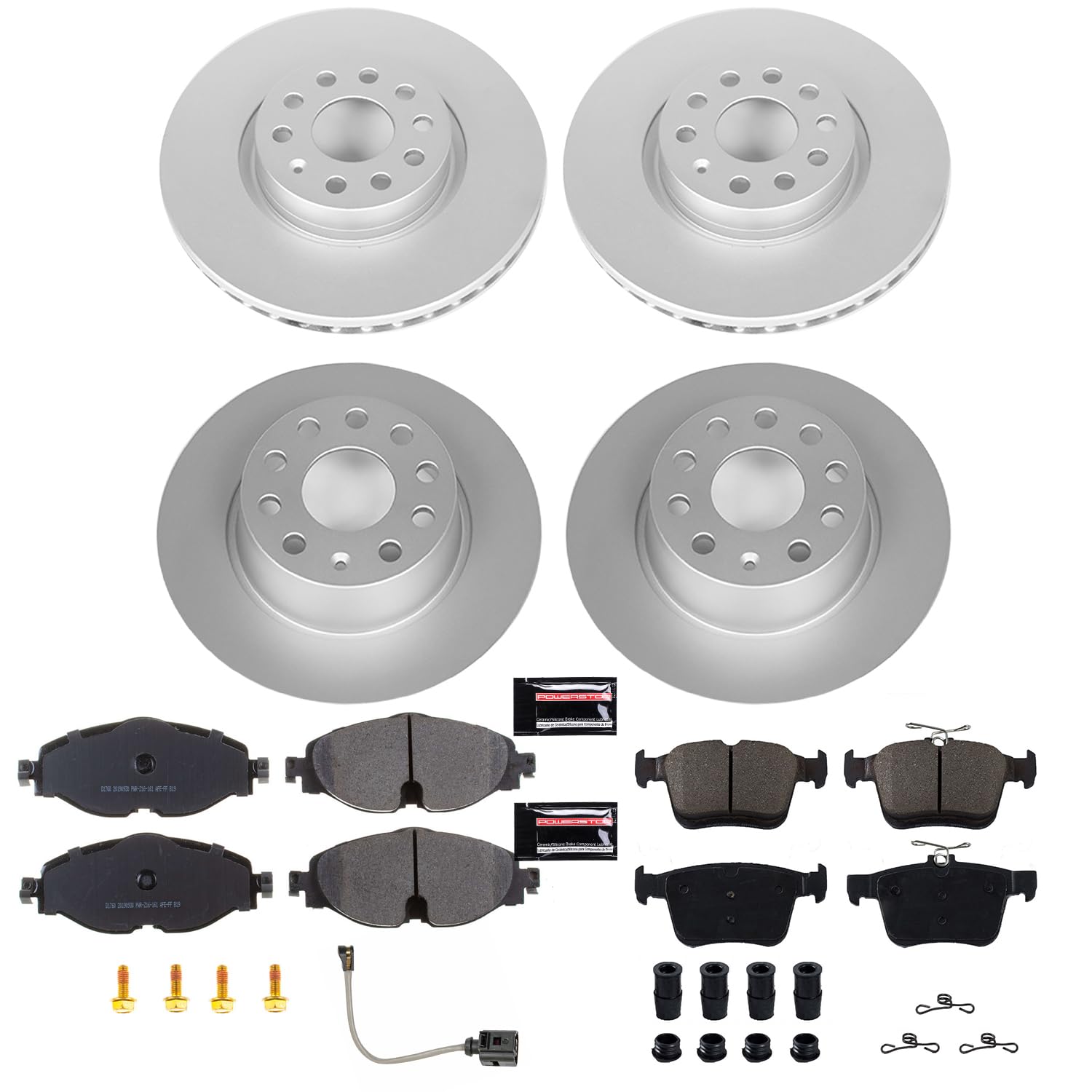 Power Stop Front & Rear CRK7502 Geomet® Coated Brake Kit and 1 Front Sensor Wire For Audi A3 2015-2020, Audi A3 Quattro 2015-2018, Audi A3 Sportback e-tron 2016-2018, VWTaos 2022-2024 [Model Specific]