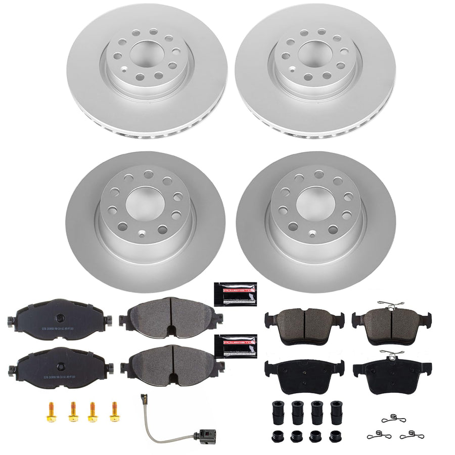 Power Stop Front & Rear CRK7502 Geomet® Coated Brake Kit and 1 Front Sensor Wire For Audi A3 2015-2020, Audi A3 Quattro 2015-2018, Audi A3 Sportback e-tron 2016-2018, VWTaos 2022-2024 [Model Specific]