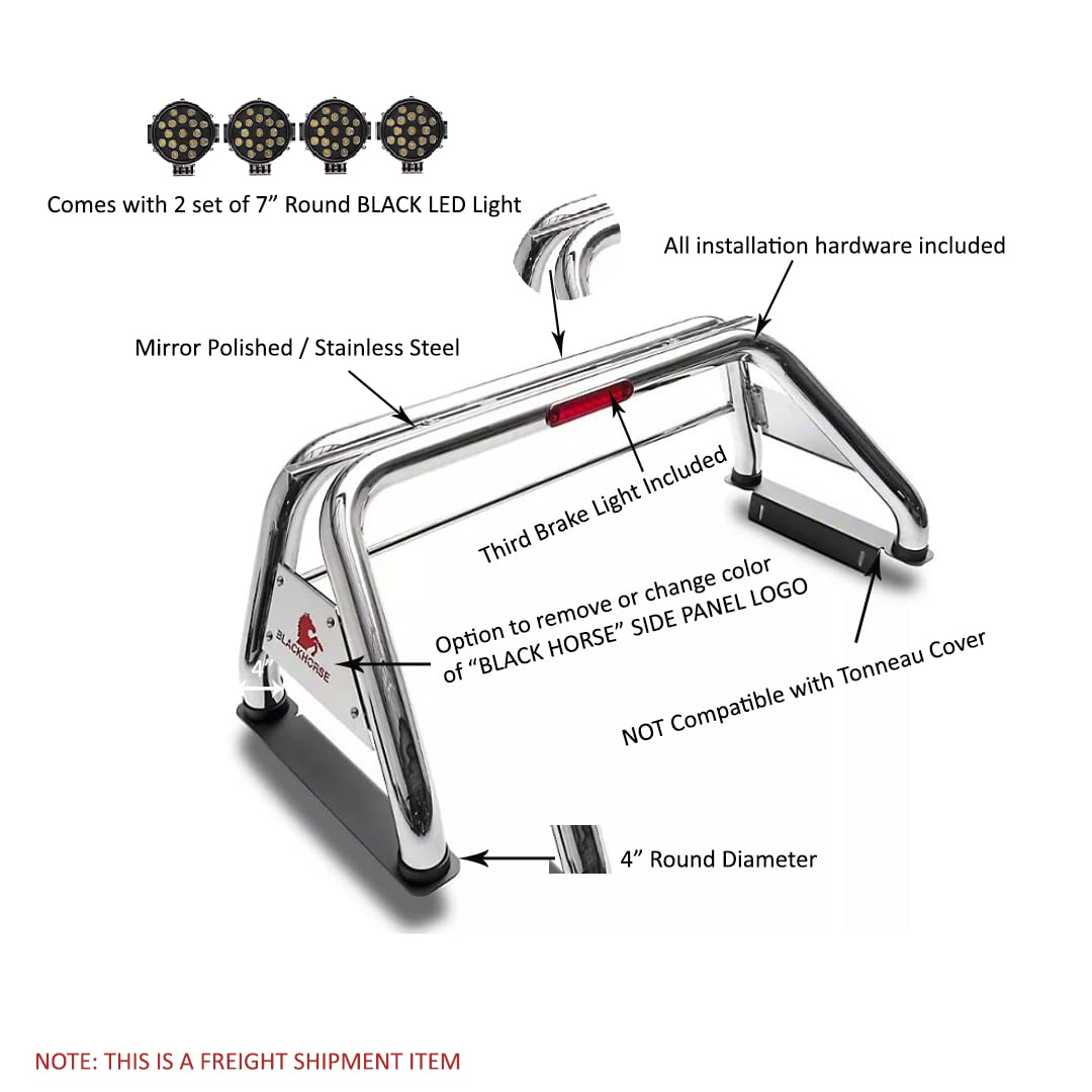 Classic Black Horse Roll Bar incl. Pair of 7.0" Dia.LED Lights w/Black Trim Rings Stainless Steel Compatible with 99-24 Ford F-250/F-350 Super Duty|1999-2024 Ford F-450 Super Duty-RB015SS-PLB