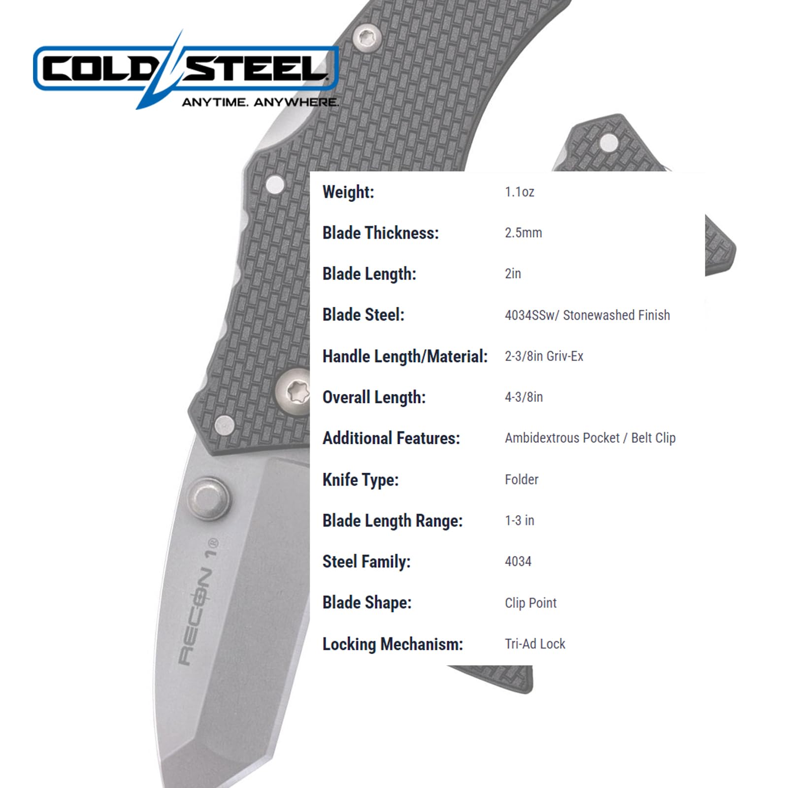 Micro Recon 1 Cold Steel 2" 4034SS Tanto Point Blade 2.375" Griv-Ex Handle Folding Knife w/Tri-Ad Lock, Ambidextrous Pocket/Belt Clip