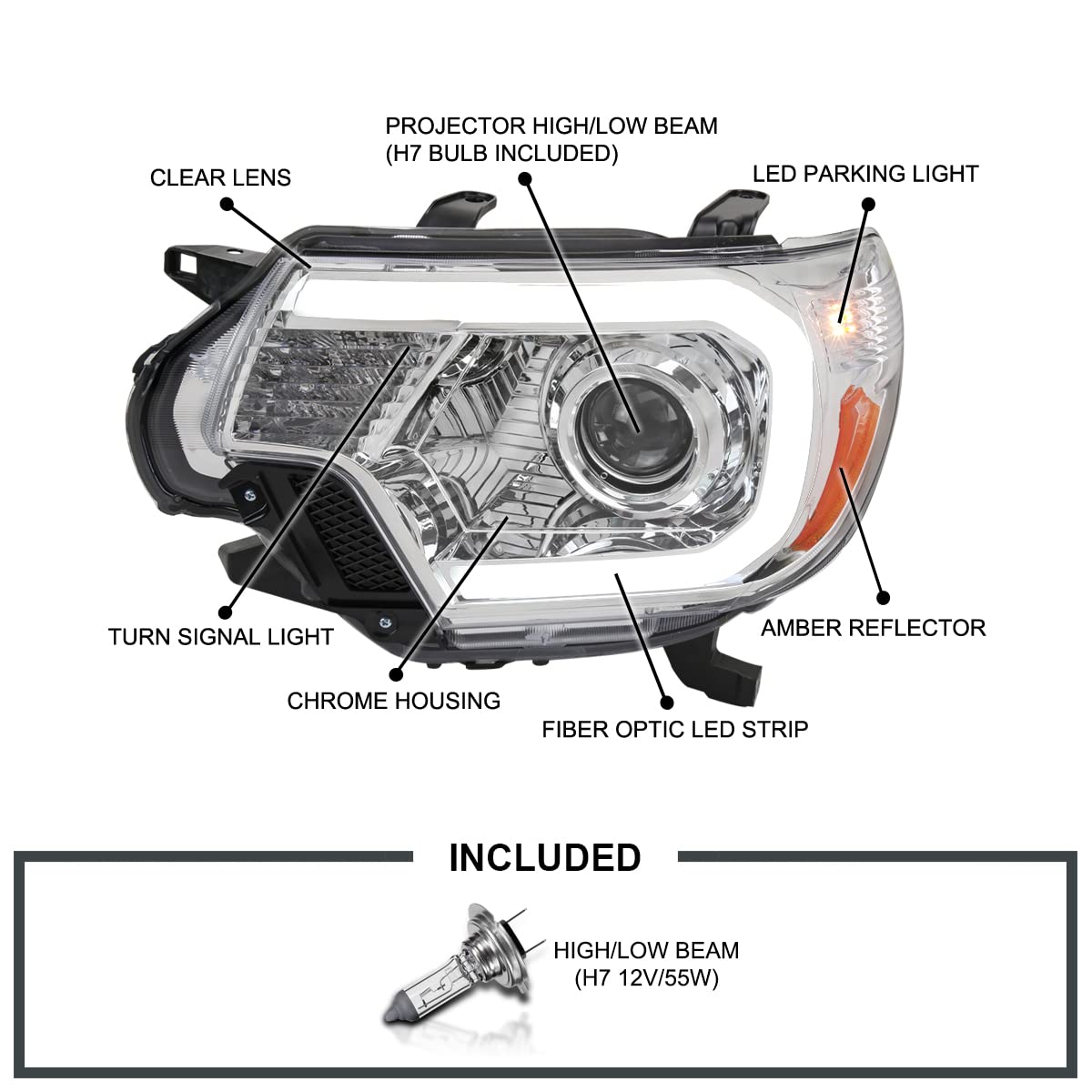 Chrome Projector Headlights w/LED Bar Spec-D Tuning Compatible with 2012-2015 Toyota Tacoma, Left + Right Head Lights Assembly