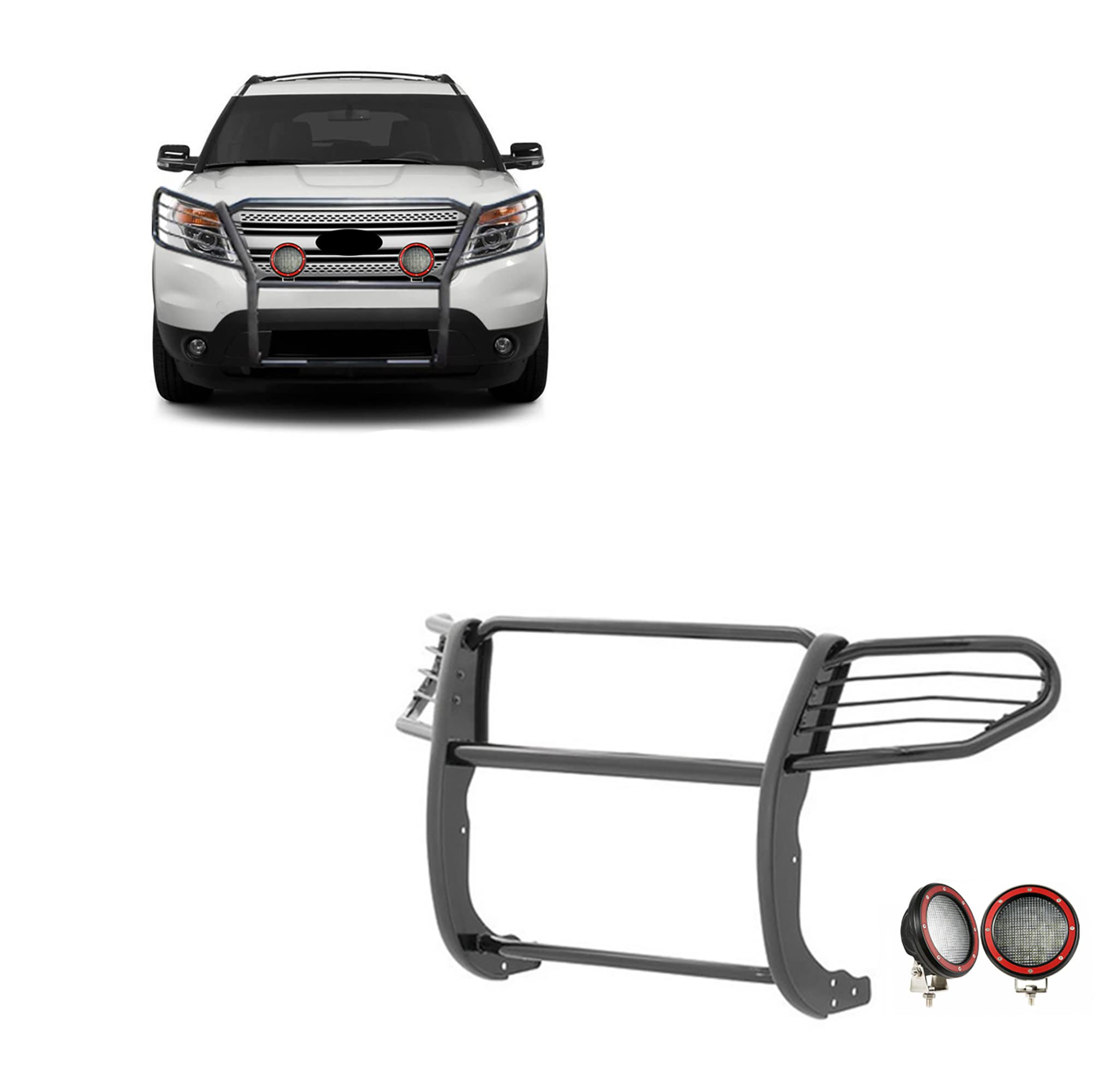 Black Horse Grille Brush Bumper Guard Black Modular Come with Pair of 5.3" Dia.LED Lights with Red Trim Rings Compatible with 2011-2015 Ford Explorer-17FJ28MA-PLFR