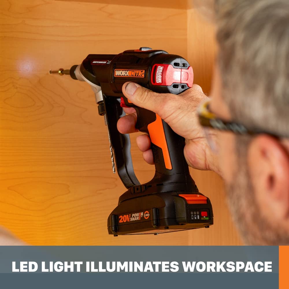 Worx 20V Nitro SwitchDriver 2.0, 2-in-1 Brushless Cordless Drill Driver, Dual 1/4" Chucks, Compact Cordless Drill with Digital Torque Setting - WX177L.9 (Tool Only), Black Orange