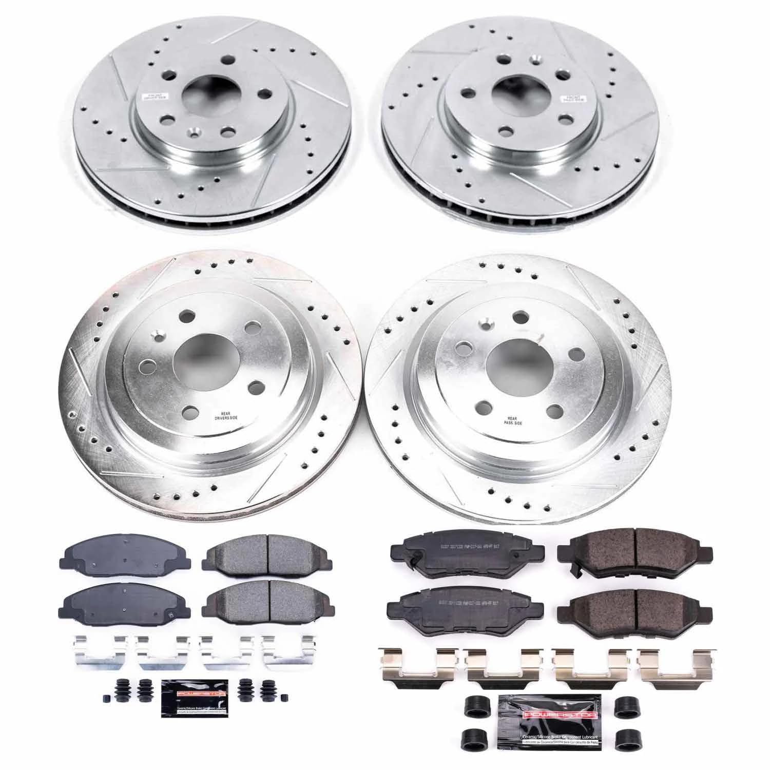 Power Stop K4134 Z23 Carbon Fiber Brake Pads Front and Rear with Drilled & Slotted Brake Rotors Kit For Cadillac CTS 2008-2014 [Model Specific]