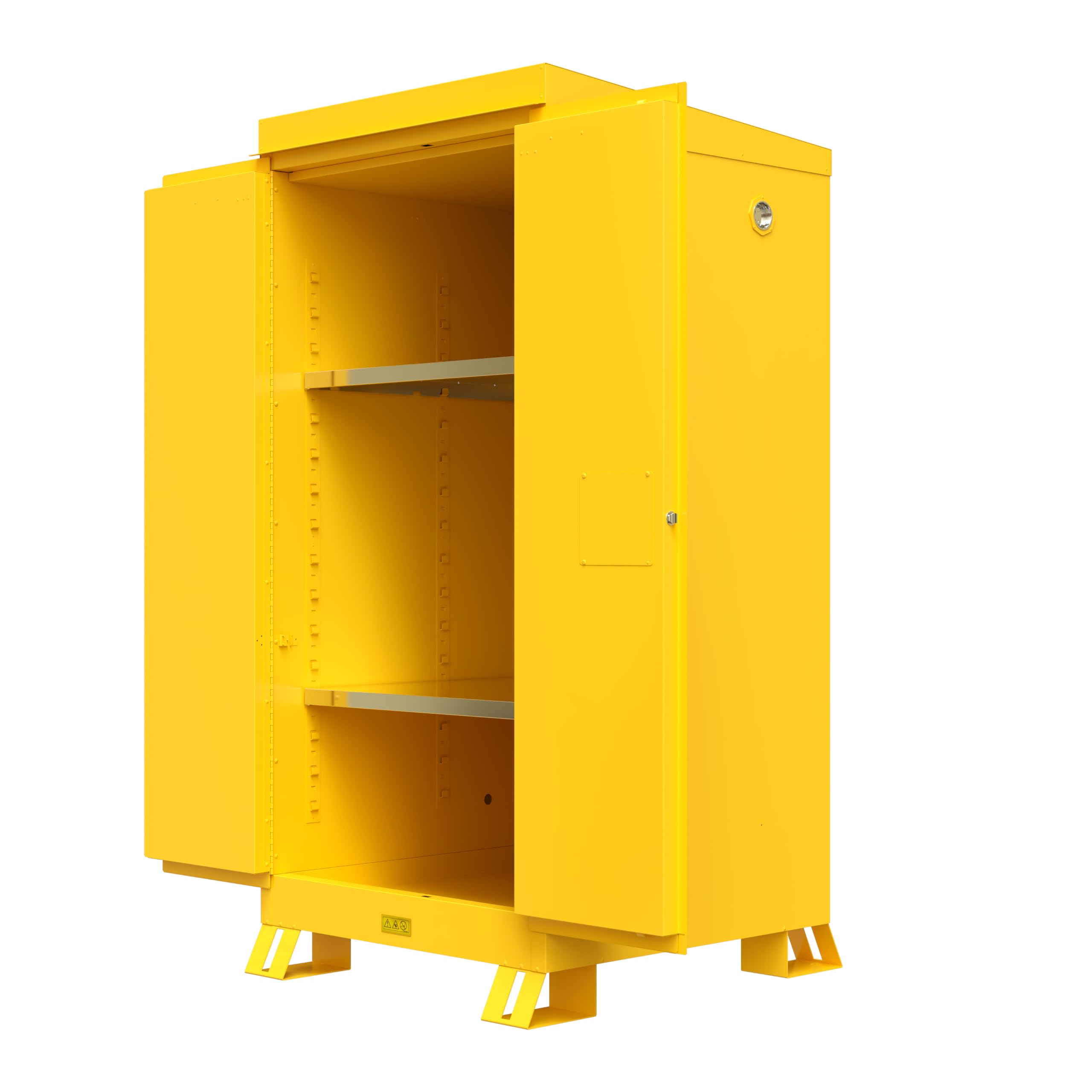 Justrite Outdoor Reinforced Steel Flammable Liquid Storage Cabinet, 2 Shelves with 350 lb. Capacity, 2 Manual-Close Door Fire Cabinet, 60 Gallon, 72" x 34" x 38", Made in The USA, Yellow, 816000