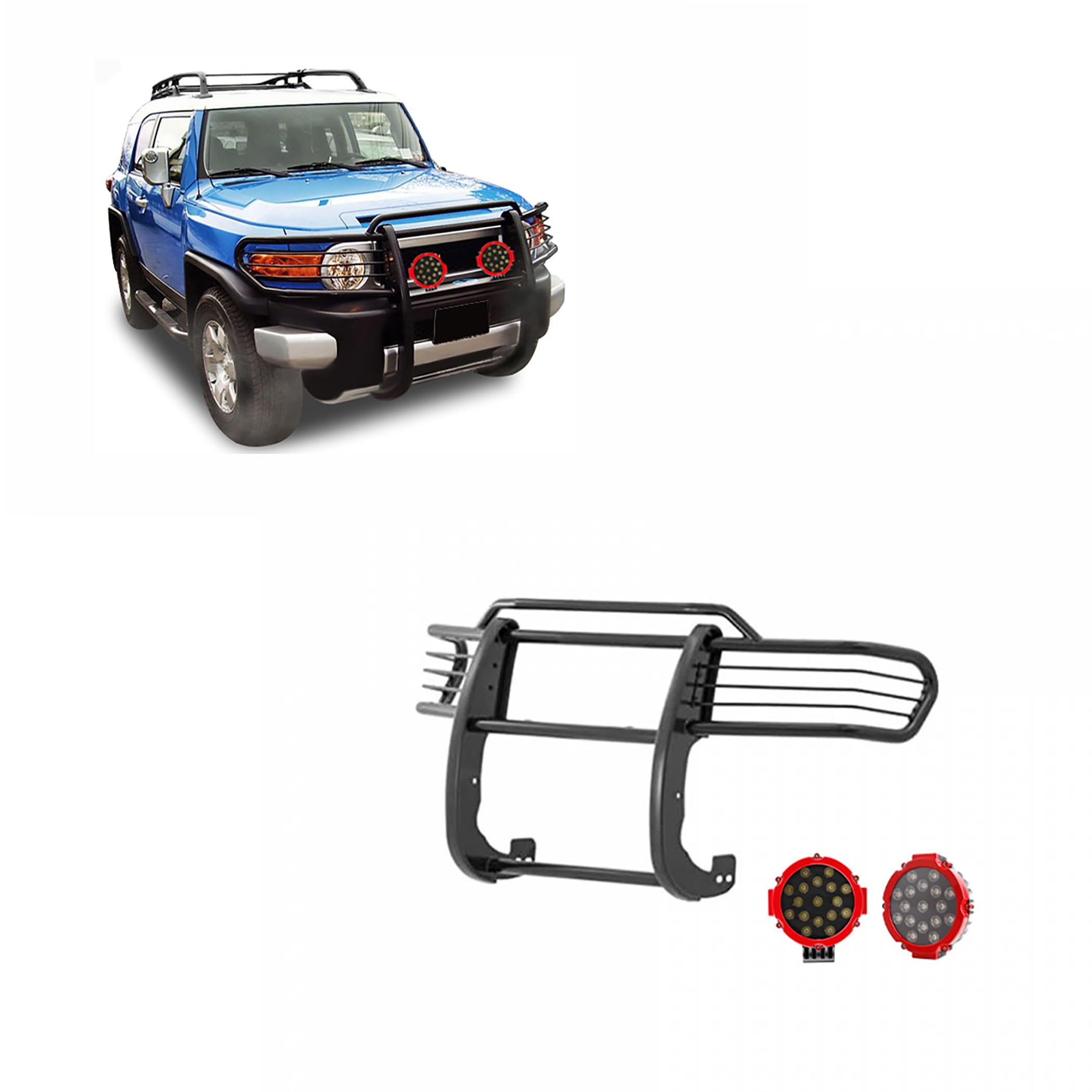 Grille Brush Black Horse Bumper Guard Modular Black Come with Pair of 7.0" Dia.LED Lights with Red Trim Rings Compatible with 2007-2014 Toyota FJ Cruiser-17A098600MA-PLR