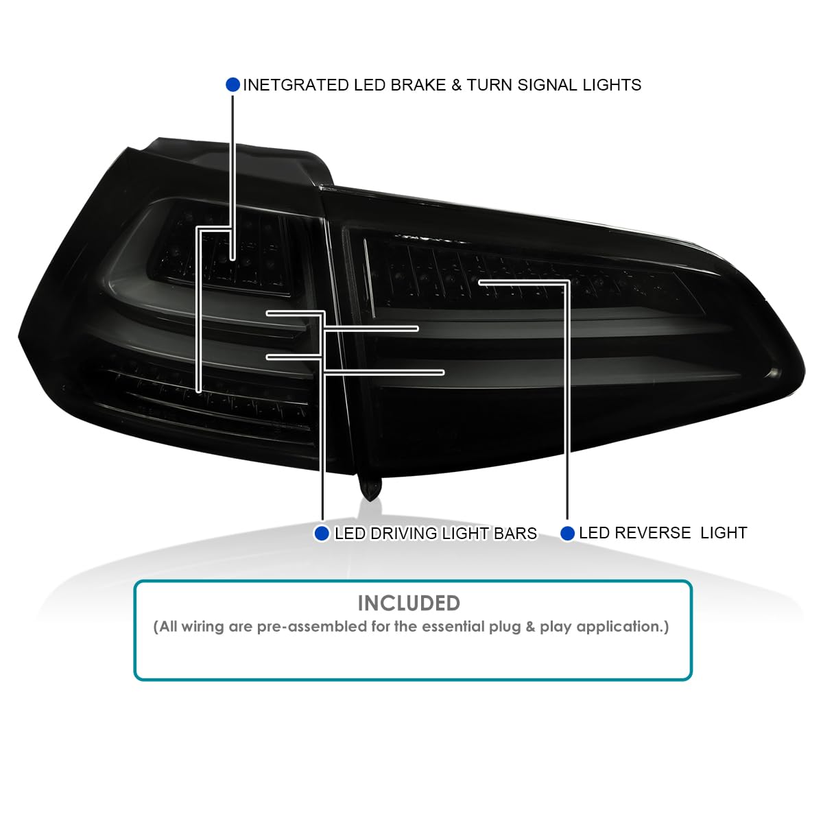 LED Tail Lights SPEC-D TUNING Glossy Black Compatible with 2015-2017 Volkswagen Golf GTI Models, Left + Right Pair Assembly