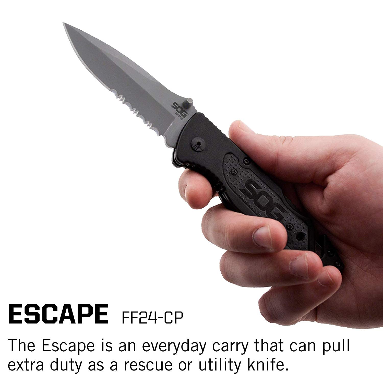 SOG Tactical Escape Folding Pocket Knife- 3.4 Inch Serrated Edge Blade Knife w/ Glass Breaker, Wire Stripper and Line Cutter Blades-Satin (FF25-CP),Black