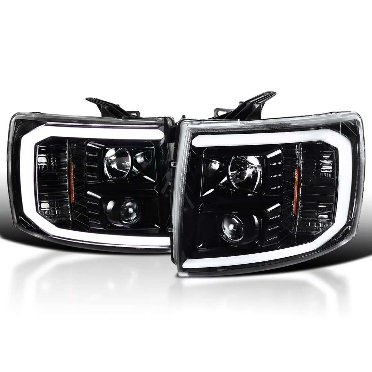 Jet Black LED Light Tube Projector Headlights SPEC-D TUNING Compatible with 2007-2013 Chevy Silverado 1500 2500HD 3500HD, Left + Right Pair Headlamps Assembly