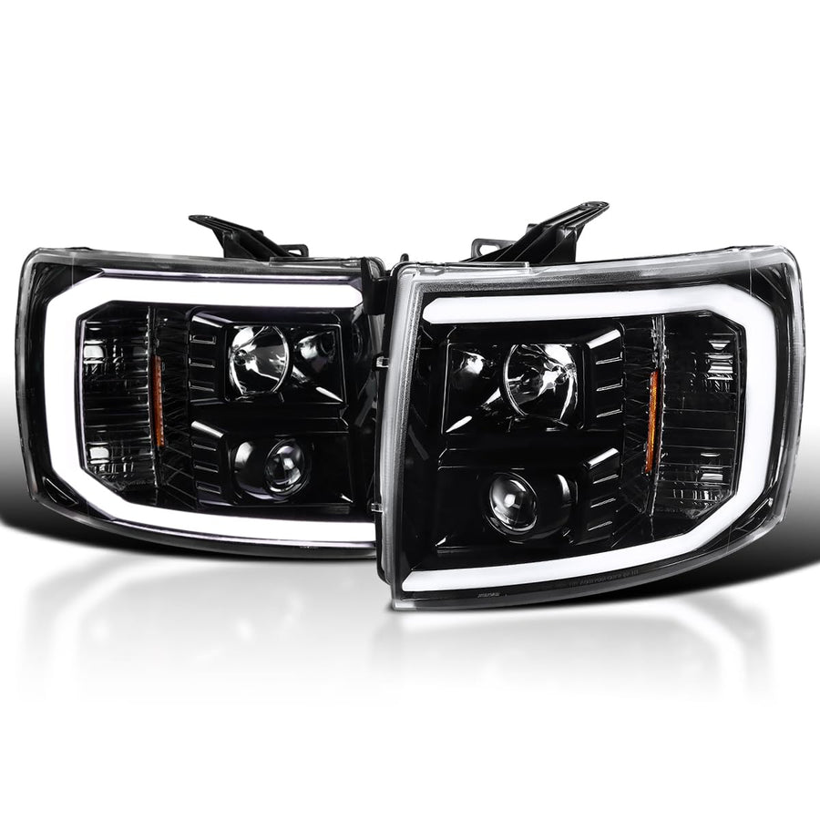 Jet Black LED Light Tube Projector Headlights SPEC-D TUNING Compatible with 2007-2013 Chevy Silverado 1500 2500HD 3500HD, Left + Right Pair Headlamps Assembly