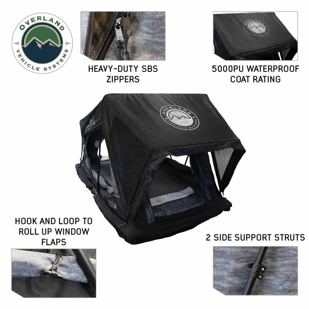 Overland Vehicle Systems XD Sherpa Hybrid Roof Top Tent Soft Shell Aluminum Hard Shell with Blackout Kit - Grey Body & Black Rainfly (XD Sherpa S4S 4 Person Tent)