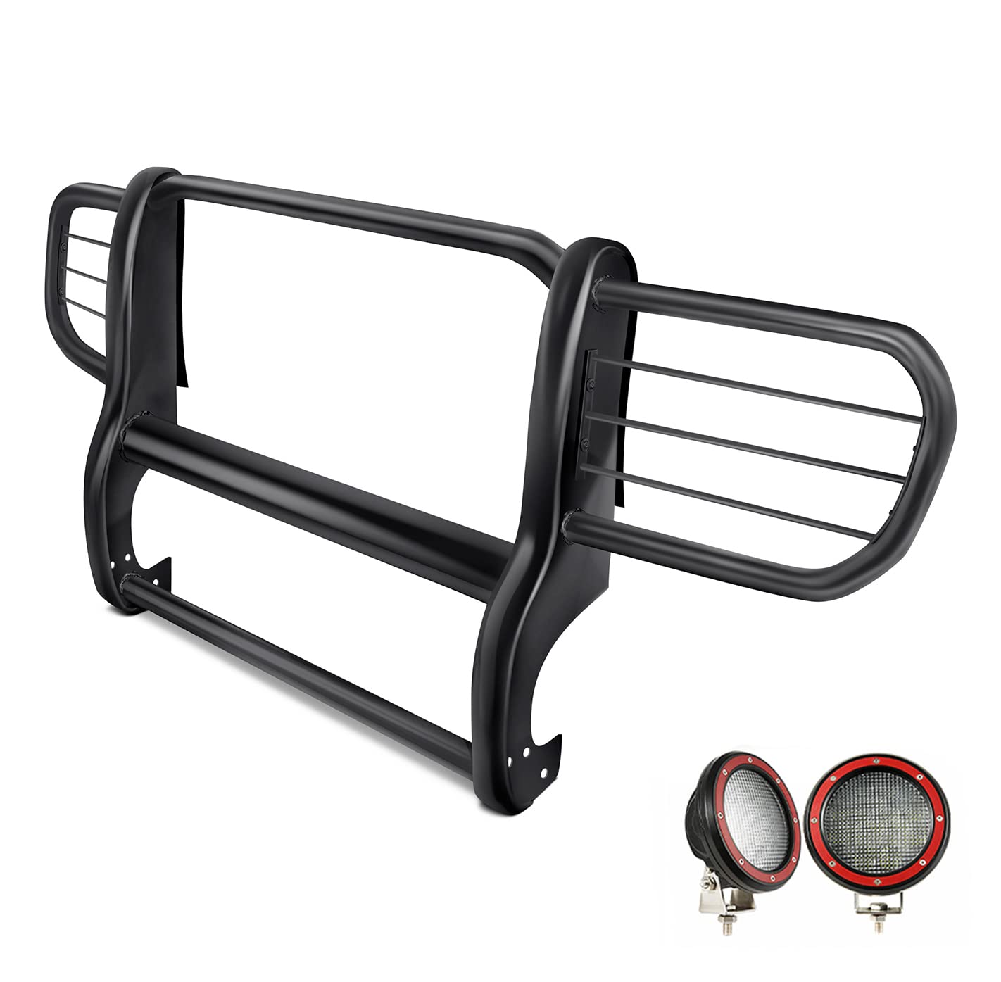 Bumper Guard Modular Black Black Horse Grille Brush Come with Pair of 5.3" Dia.LED Lights with Red Trim Rings Compatible with 2006-2010 Jeep Commander-17A081000MA-PLFR