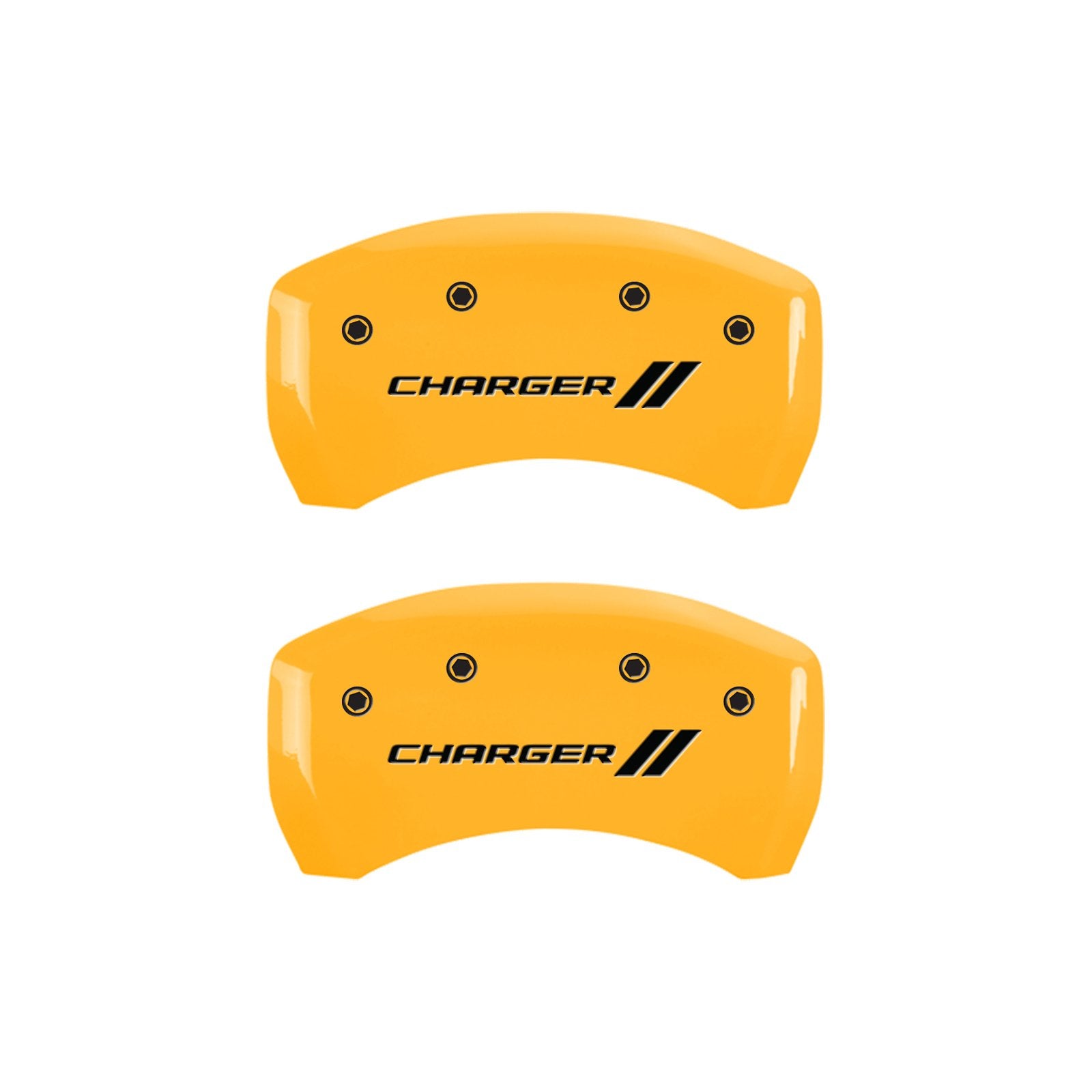 Brake Caliper Covers for 2011-2023 Dodge Challenger & 2011-2023 Dodge Charger - MGP Caliper Covers (Requires Dual Piston Front Caliper) Front and Rear Set - Engraved CHARGER // Logo (Yellow)