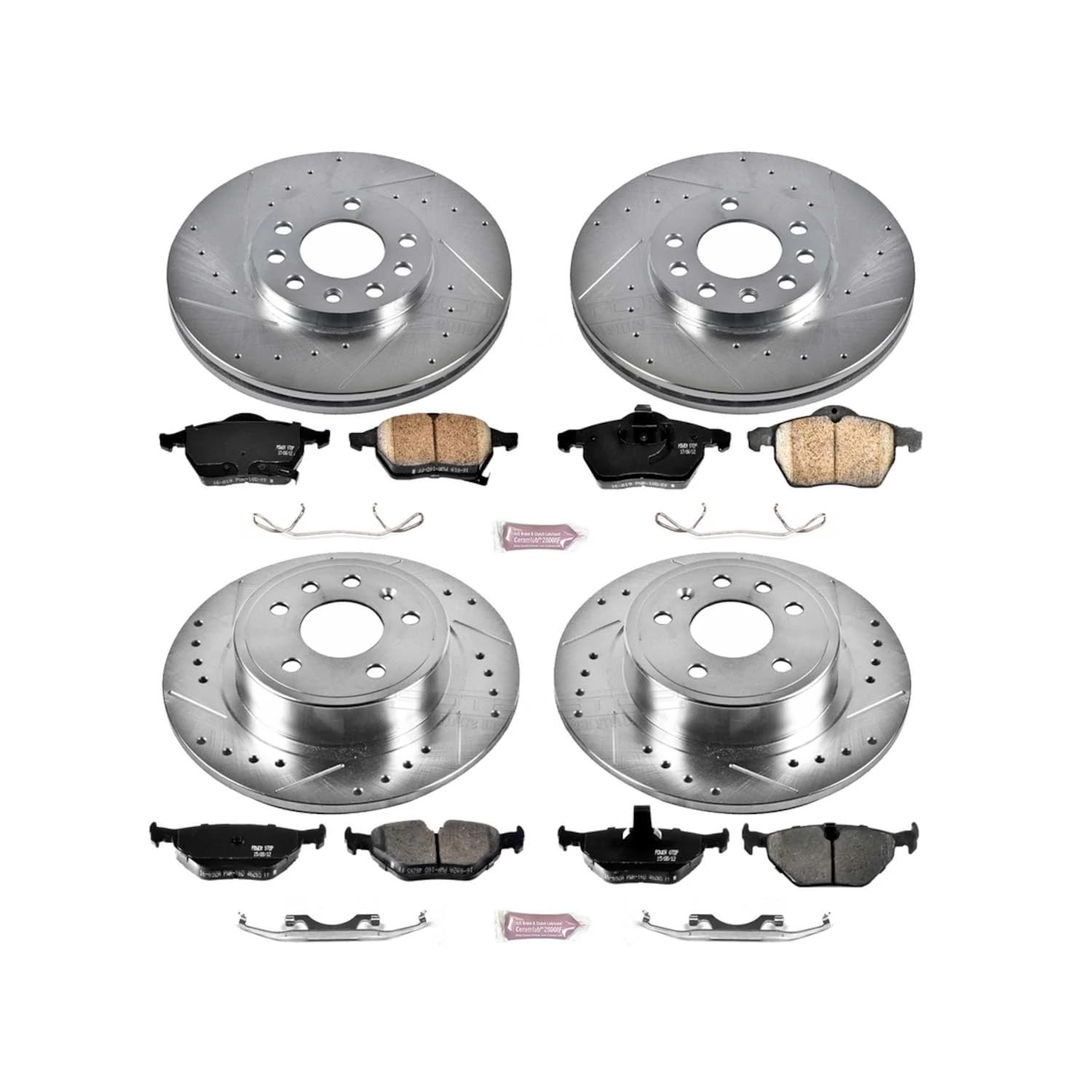 Power Stop K2808 Z23 Carbon Fiber Brake Pads Front and Rear with Drilled & Slotted Brake Rotors Kit For Saab 9-5 1999 [Model Specific]