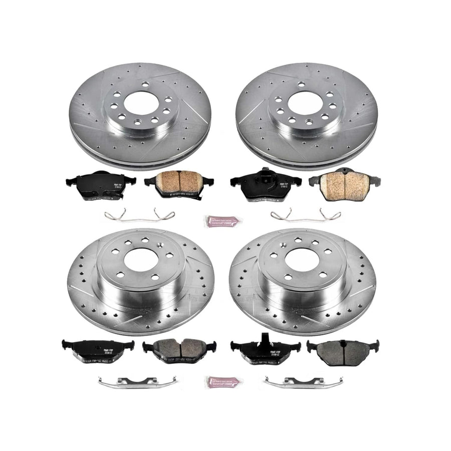 Power Stop K2808 Z23 Carbon Fiber Brake Pads Front and Rear with Drilled & Slotted Brake Rotors Kit For Saab 9-5 1999 [Model Specific]
