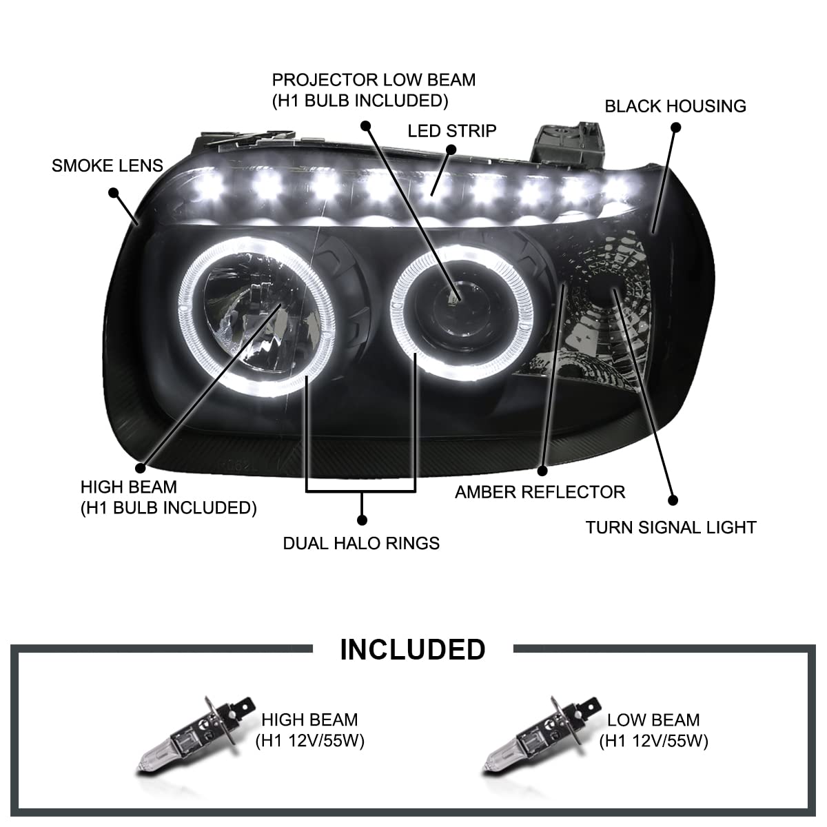 Dual Halo SMD LED DRL Projector Headlights SPEC-D TUNING Black Smoke Compatible with 2005-2007 Ford Escape, Left + Right Pair Headlamps Assembly