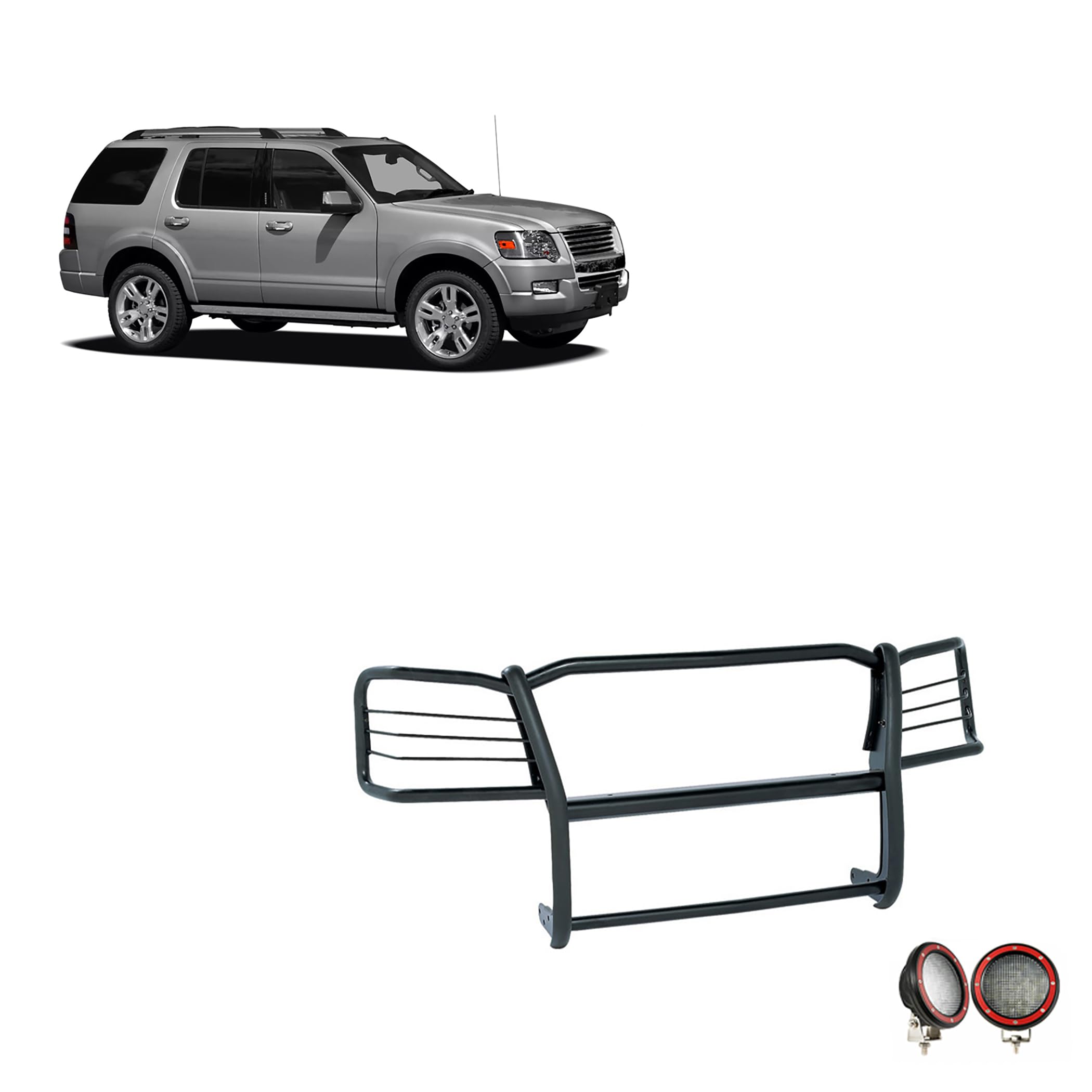 Bumper Guard Black Horse Grille Brush Modular Black Come with Pair of 5.3" Dia.LED Lights with Red Trim Rings Compatible with 2006-2010 Ford Explorer-17A047600MA-PLFR