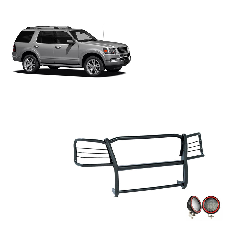 Bumper Guard Black Horse Grille Brush Modular Black Come with Pair of 5.3" Dia.LED Lights with Red Trim Rings Compatible with 2006-2010 Ford Explorer-17A047600MA-PLFR