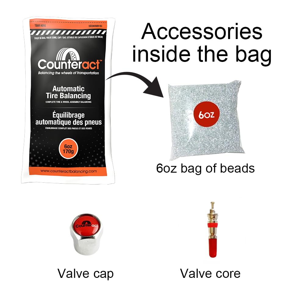 DIY Tire/Wheel Balancing Beads Kit Counteract DIYTK6-4 – for All Trailers, Includes (4) 6oz Bead Bags, (4) Valve Caps & Cores, (1) Core Remover, & Injector Bottle