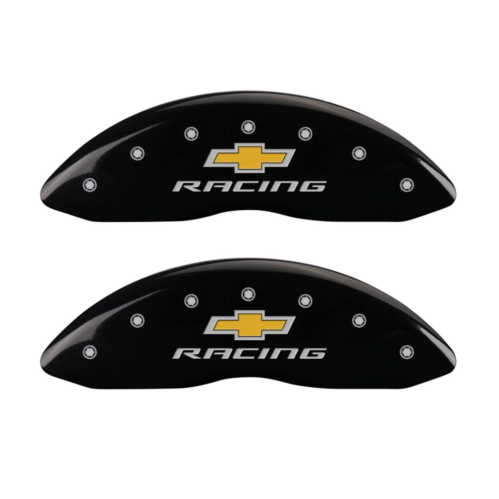 MGP Caliper Covers Front and Rear 14006SBRCBK Black Powder Coat Finish, Set of 4 (Chevy racing Silver Characters, Engraved)