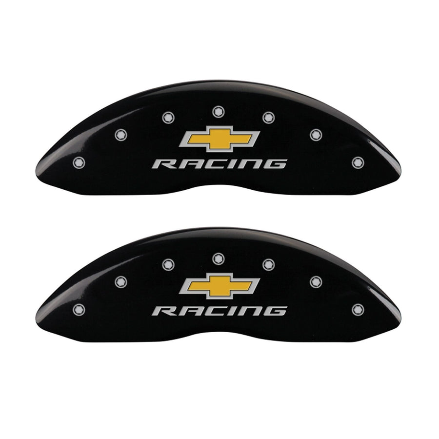 MGP Caliper Covers Front and Rear 14033SBRCBK Black Powder Coat Finish, Set of 4 (Chevy racing Silver Characters, Engraved)