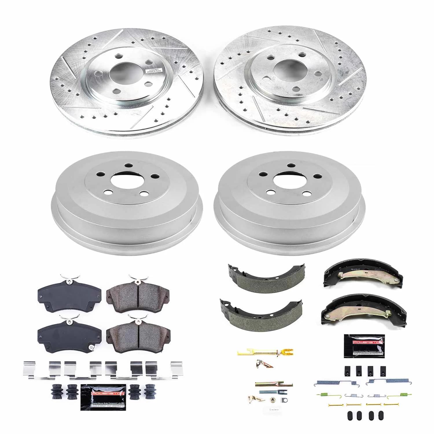 Power Stop K15233DK Z23 Carbon Fiber Brake Pads Front and Rear with Drilled & Slotted Brake Drums Kit For Chrysler PT Cruiser 2004-2005 [Model Specific]