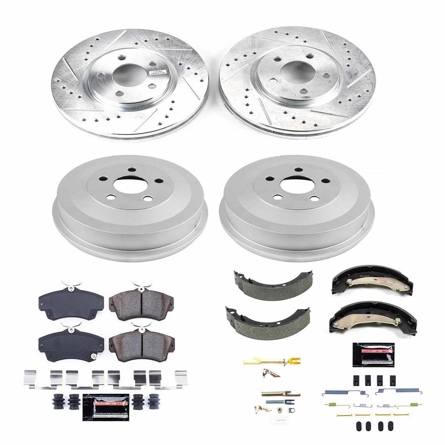 Power Stop K15233DK Z23 Carbon Fiber Brake Pads Front and Rear with Drilled & Slotted Brake Drums Kit For Chrysler PT Cruiser 2004-2005 [Model Specific]