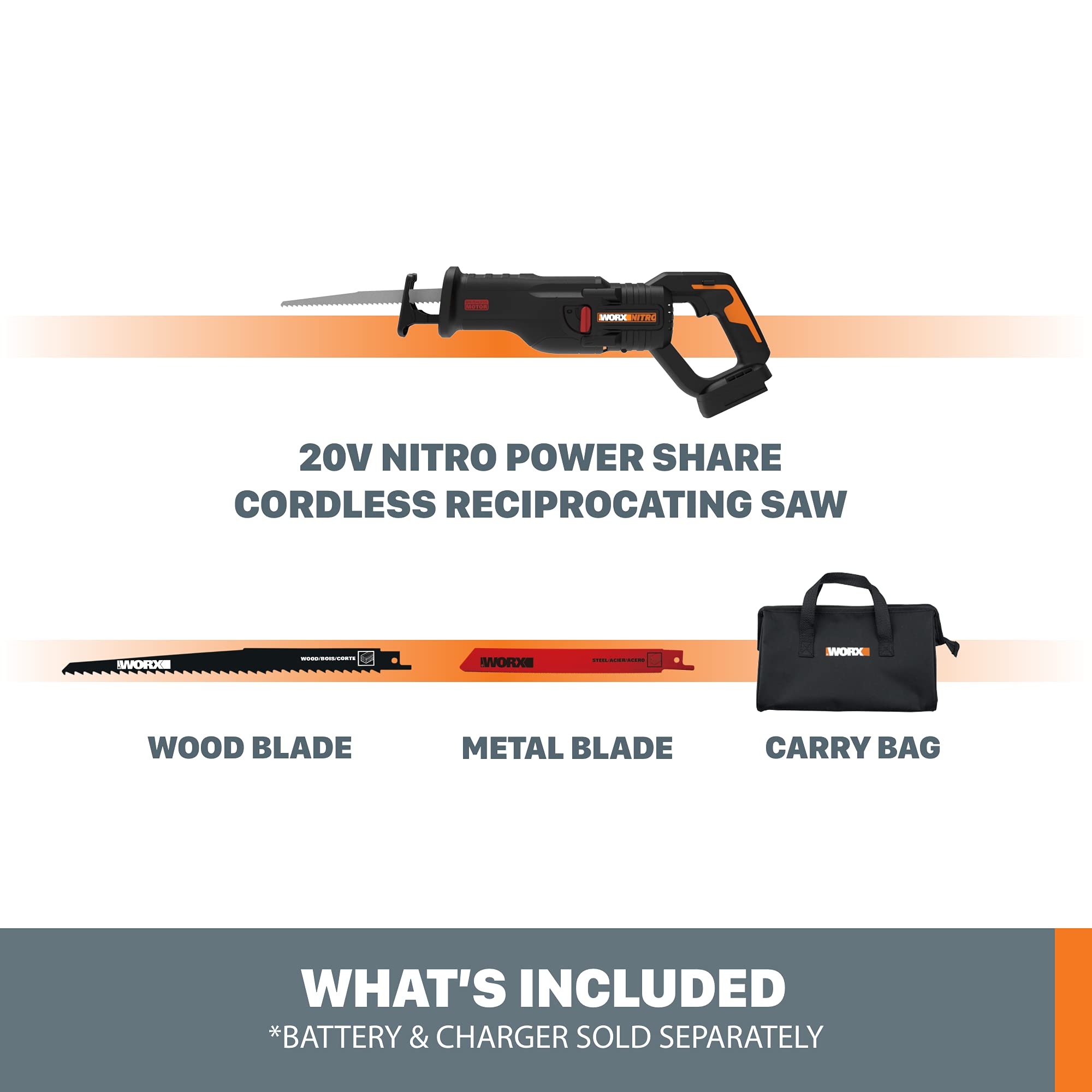 20V Worx Nitro WX516L.9 Power Share Cordless Reciprocating Saw with Brushless Motor (Tool Only)