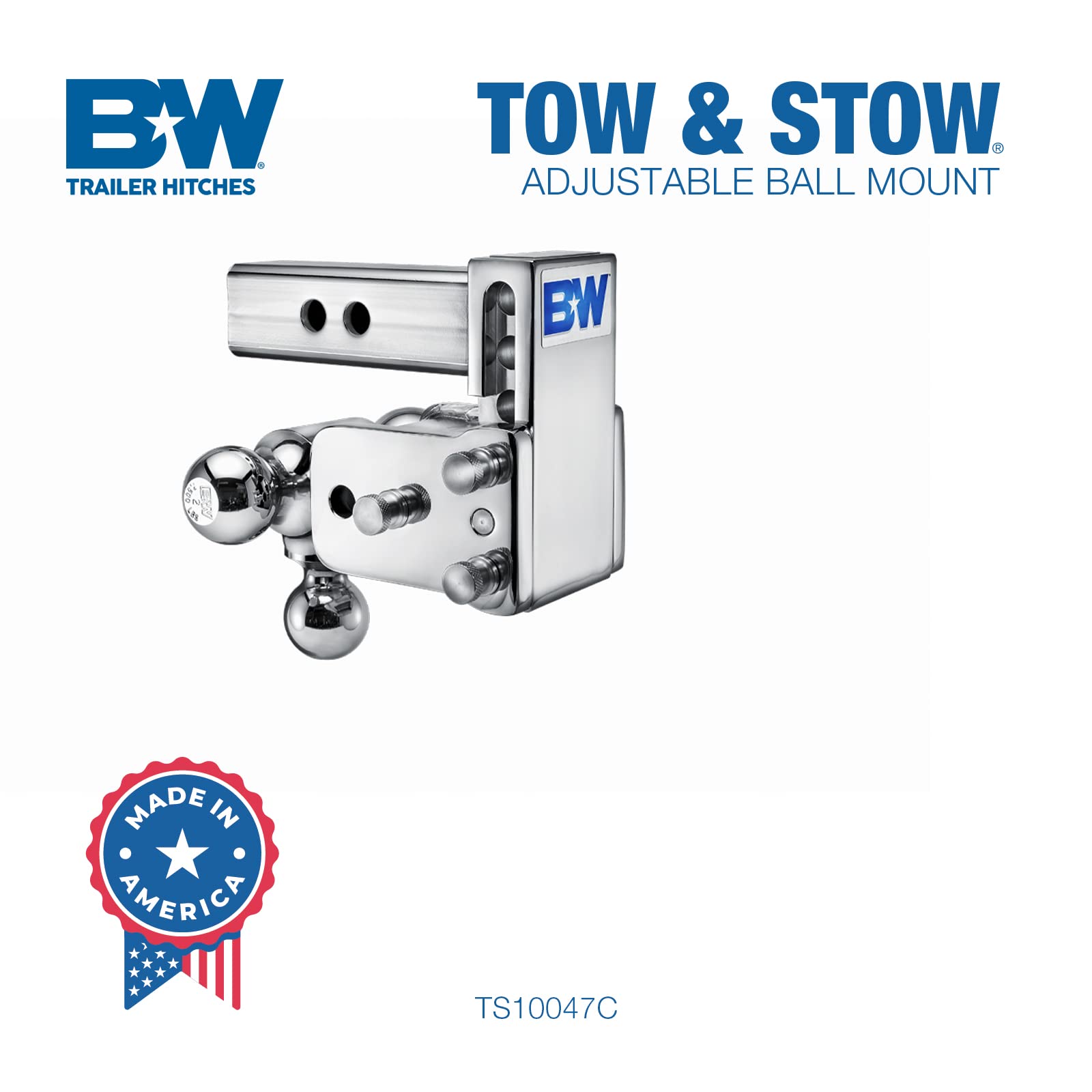 B&W Trailer Hitches Tow & Stow Chrome Adjustable Trailer Hitch Ball Mount - Fits 2" Receiver, Tri-Ball (1-7/8" x 2" x 2-5/16"), 3" Drop, 10,000 GTW - TS10047C