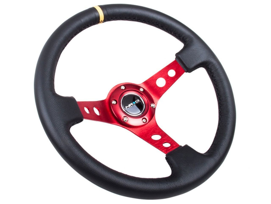 NRG Innovations Reinforced NRG-RST-006RD-Y Steering Wheel - 350mm Sport Steering Wheel (3" Deep) - Red Spoke with Round holes, Black Leather, Yellow Center Mark
